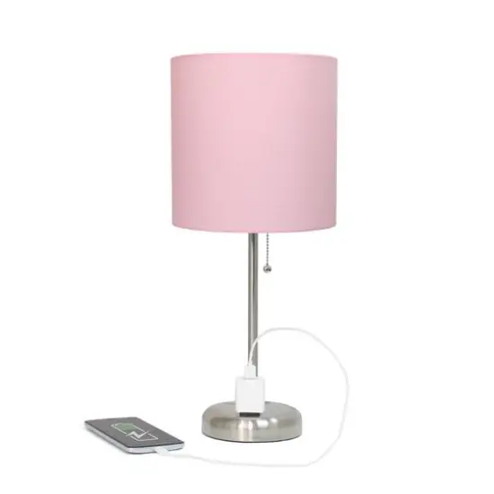 Creekwood Home Oslo 19.5" Power Outlet Table Lamp Brushed Steel Base/Light Pink Shade {7}