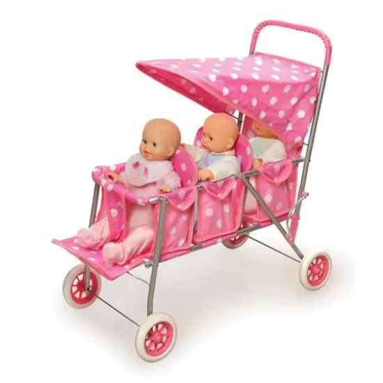 Badger Basket Pink & White Polka Dots Folding Triple Doll Stroller {4}
