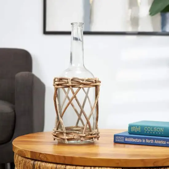 19" Clear Glass Handmade Vase with Brown Rattan Woven Lower Body {7}