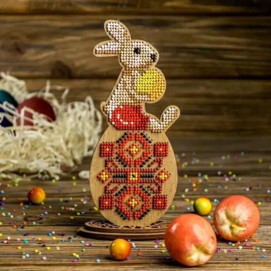 Wonderland Crafts Bunny Sitting on Red Egg Bead Embroidery on Wood Kit {3}