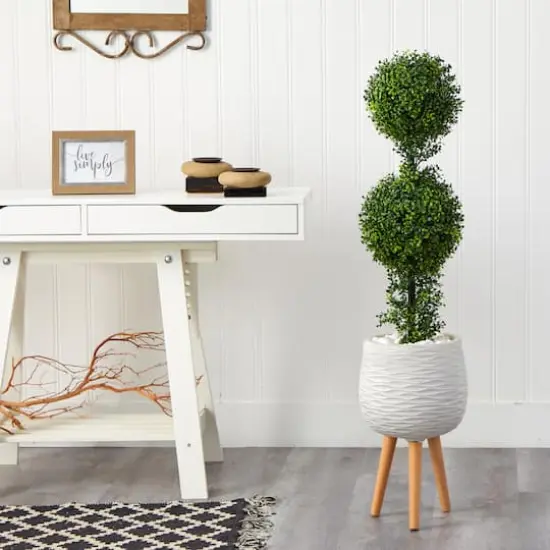 4ft. Boxwood Double Ball Topiary Artificial Tree in White Planter with Stand (Indoor/Outdoor) {4}