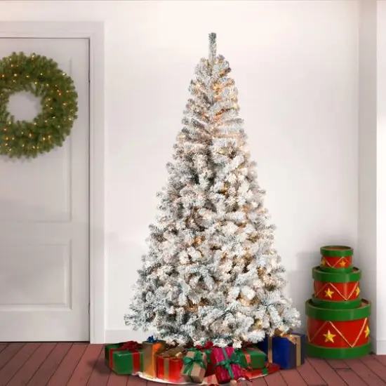 7.5ft Pre-Lit Acacia Flocked Artificial Christmas Tree, Clear Lights {3}