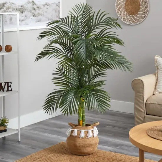 5ft. Artificial Double Stalk Golden Cane Palm Tree with Basket {3}