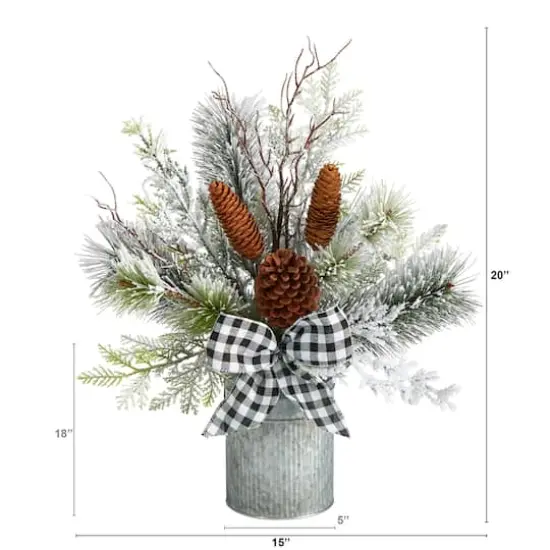 20" Winter Greenery, Pinecones & Gingham Plaid Bow Arrangement {4}