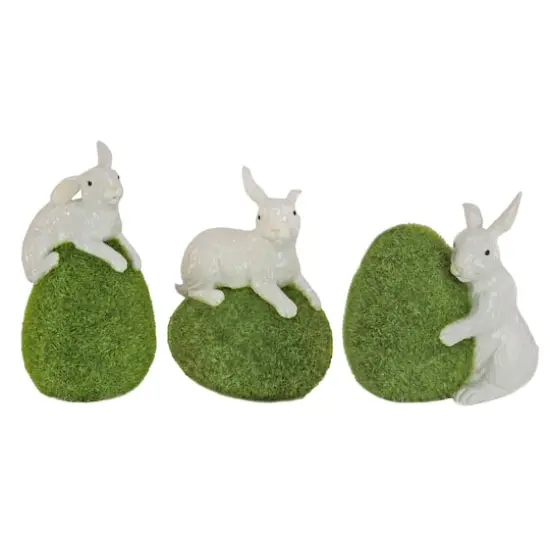 7" White Bunny with Green Moss Egg D&eacute;cor Set {1}