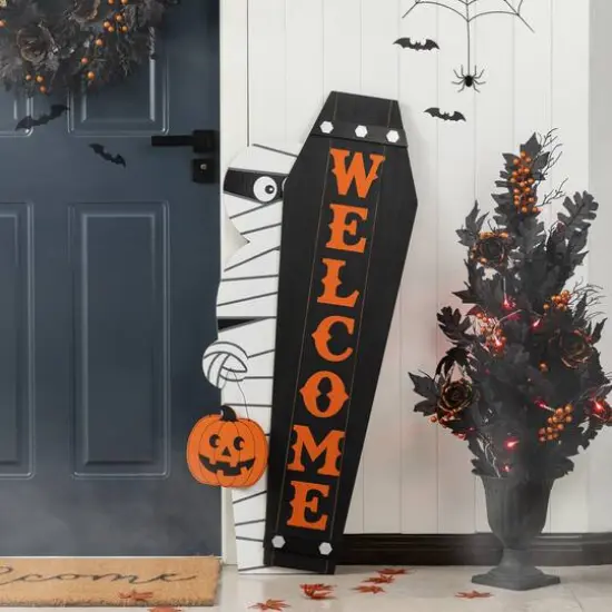 Glitzhome&reg; Halloween Wood Mummy and Welcome Coffin Porch Decor Set {3}