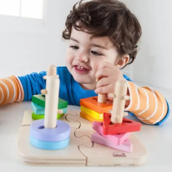 Hape Wooden Toddler Stacking Shape Peg Puzzle {6}