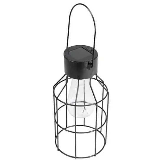 9.5" Black Outdoor Geometric Hanging Solar Lantern with Handle Outdoor D&eacute;cor {1}