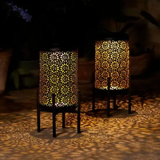 Glitzhome&reg; 14.25" Black Metal Cutout Flower Pattern Solar Powered LED Outdoor Lanterns, 2ct. {3}