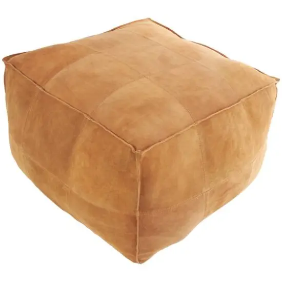 28" Leather Low Profile Square Pouf with Patchwork Design Light Brown {5}