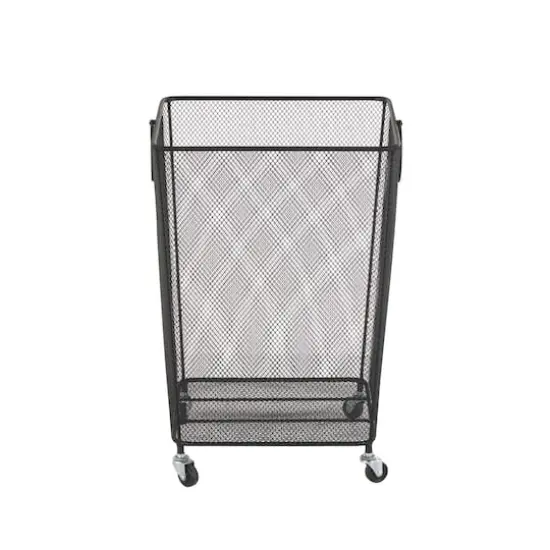 24" Black Metal Square Mesh Wire Rolling Laundry Storage Cart with Ring Handles {4}