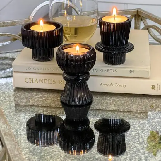 Kate Aspen&reg; Assorted Vintage Ribbed Black Glass Candlestick Candle Holder Set {6}