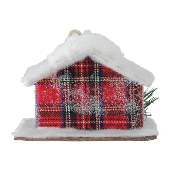 4.5" Frosted & Glittered Red & White Plaid Snow Covered Cabin Christmas Ornament {5}