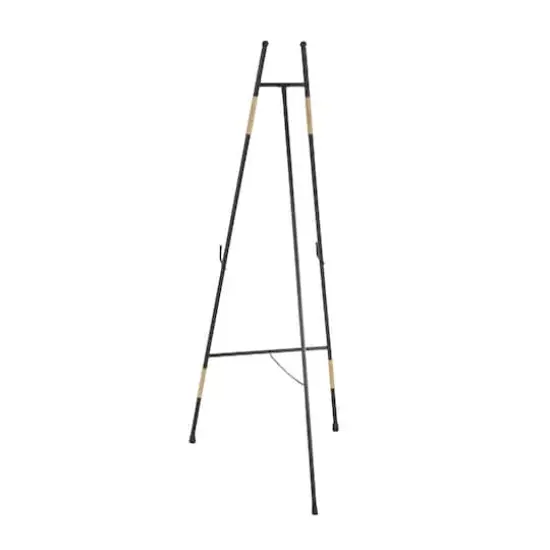53.5" Black Metal Slim Foldable 2-Tier Easel with Wrapped Rattan Accents {12}