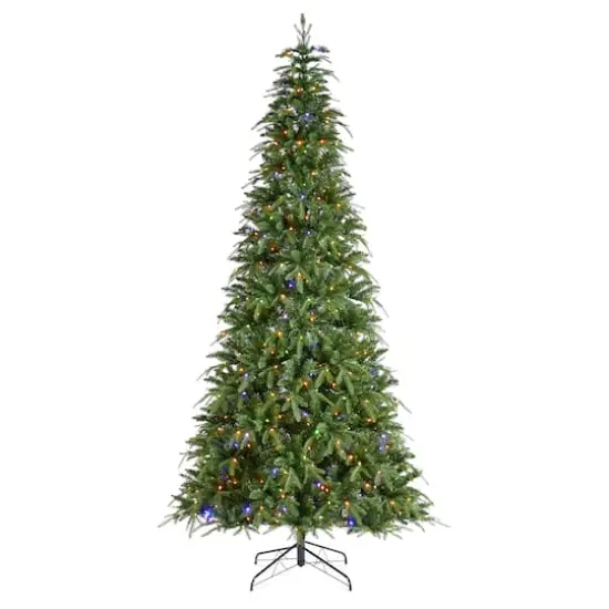 Glitzhome® 9ft Pre-Lit Green Slim Fir Artificial Christmas Tree, Multicolor LED Lights {1}