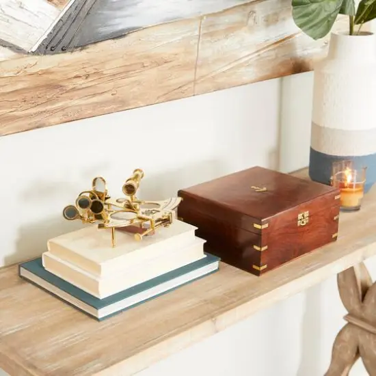 7" Gold Brass Sextant Compass with Decorative Wood Box {10}