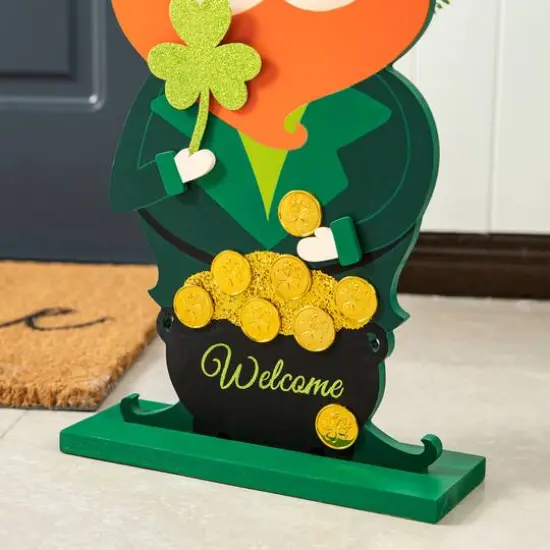 Glitzhome® 23.5" St. Patrick's Wooden Leprechaun Pot of Gold Porch Décor {7}