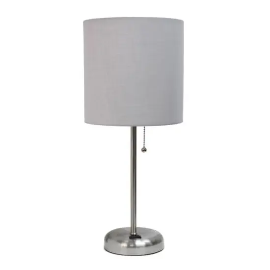 LimeLights 19.5" Stick Lamp with Charging Outlet and Fabric Shade Brushed Steel and Gray {1}