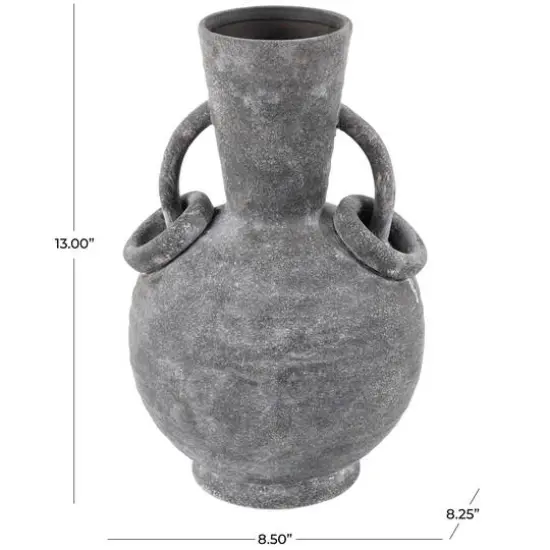 13" Ceramic Textured Vase with Ring Handles Gray {6}