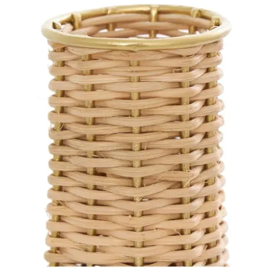 15" Brown & Gold Rattan Handmade Woven Vase {6}