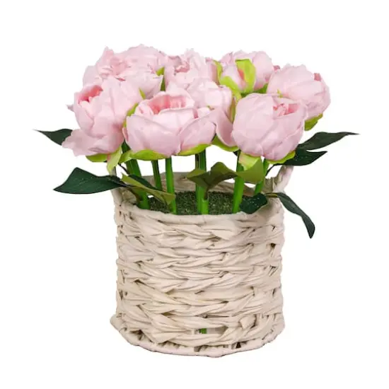 10" Peony Flower Bouquet In White Basket Pink {1}
