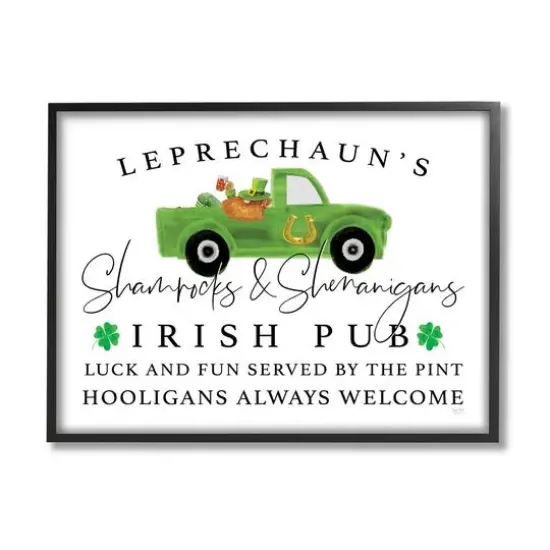 Stupell Industries Irish Pub Whimsical Leprechaun Green Shamrock Details Framed Giclee Art Black {1}