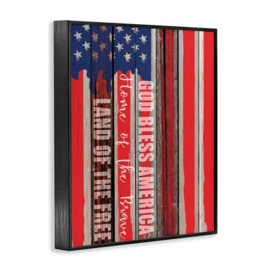 Stupell Industries God Bless America Wood Grain Flag Red White Blue Americana Framed Giclee Art Black {4}