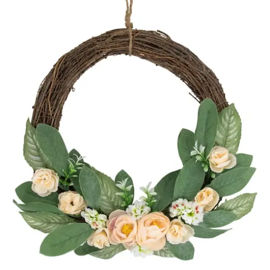 14" Mini Peach Rose Half Floral Spring Wreath {1}