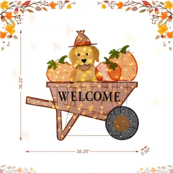 Glitzhome&reg; 36.25" Lighted Fall Pumpkin Wheel Barrow Outdoor Decor with Warm White LED Lights {9}