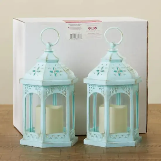 LED Blue Hexagon Distressed Lantern Set {7}