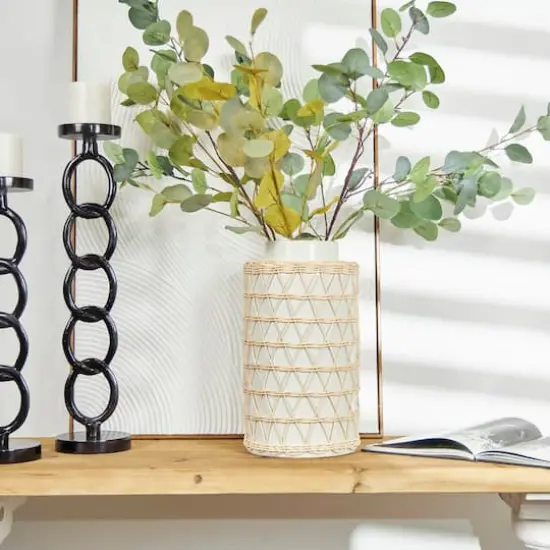 15" White & Woven Rattan Ceramic Handmade Vase {3}