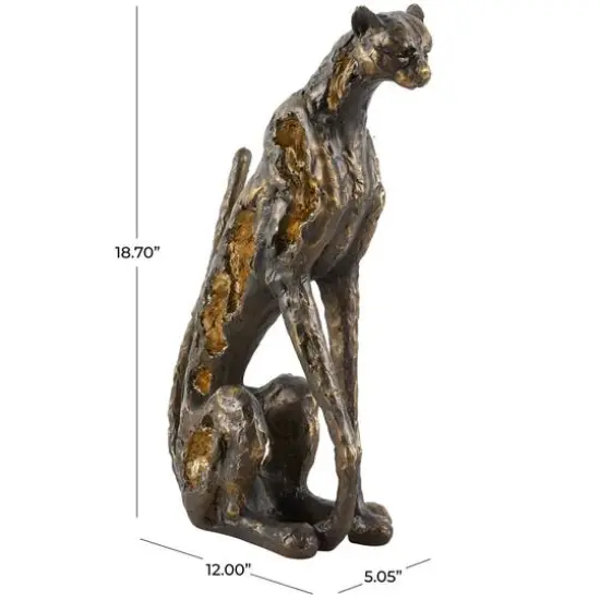 19" Bronze Polystone Distressed Textured Sitting Leopard Sculpture with Cutouts & Gold Accents {4}