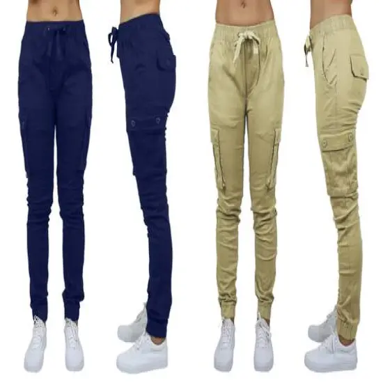 Galaxy By Harvic Loose Fit Cotton Stretch Twill Women's Cargo Joggers 2 Pack Navy/Khaki {1}