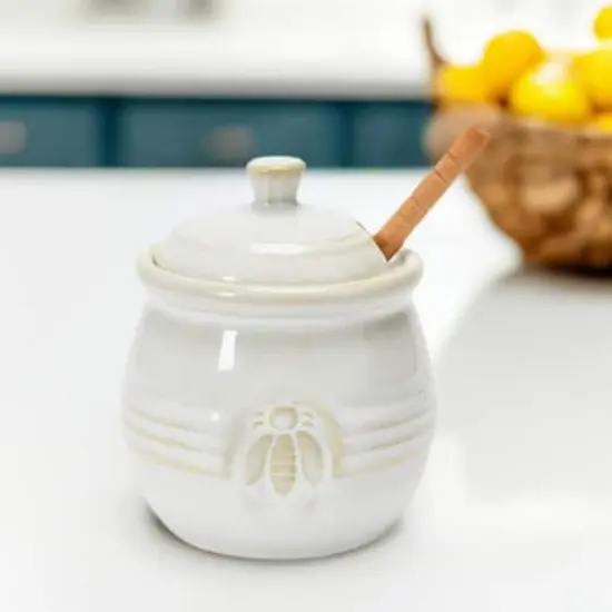Hello Honey&reg; 3.5" White Ceramic Honey Bee Pot & Wood Dipper {5}