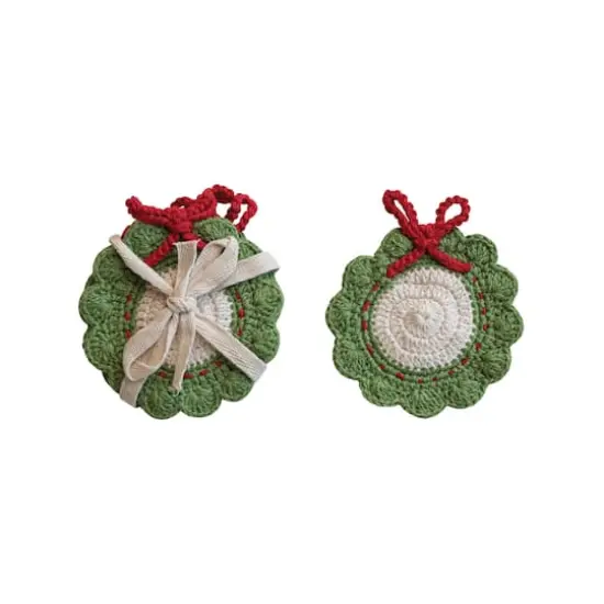 Hello Honey&reg; 4" Green, Red & White Wreath Crocheted Cotton Coasters, 4ct. {1}