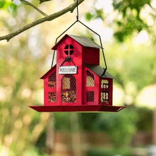 Glitzhome&reg; 12" Red Metal Barn Hanging Bird Feeder {4}