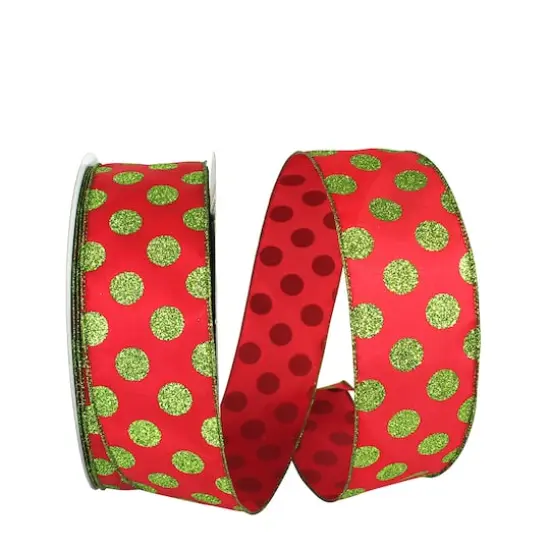 JAM Paper 2.5" x 50yd. Glitter Wired Red & Lime Dots Ribbon {1}