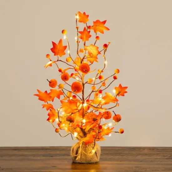 18in. Pre-Lit Artificial Maple Tree with Pumpkin Ornaments and 30 LED String Lights in Burlap Wrapped Base {9}