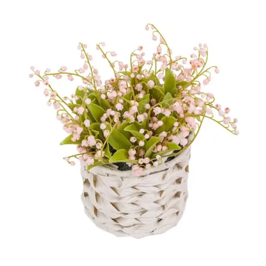 11" Lily-Of-The-Valley Flowers In White Basket Pink {6}
