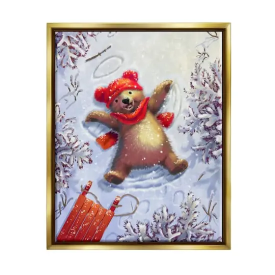 Stupell Industries Bear Cub Snow Angel Sled Framed Floater Canvas Wall Art Gold {1}