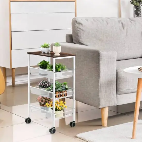 White 3-Tier Kitchen Storage Rack Cart with Lockable Wheels & Wood Top {6}