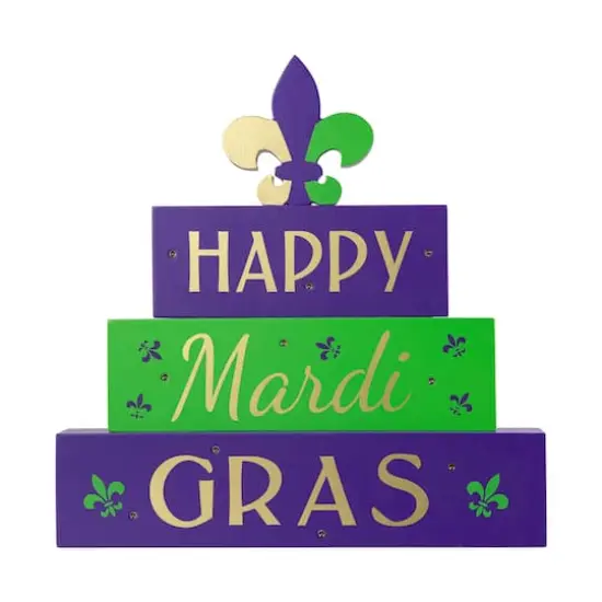 Glitzhome® 11.75" Lighted Mardi Gras Wooden Fleur-de-Lis Block Table Sign {1}
