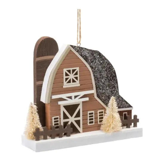 6 Pack 4.5" Glittered Plastic Barn Ornaments {1}