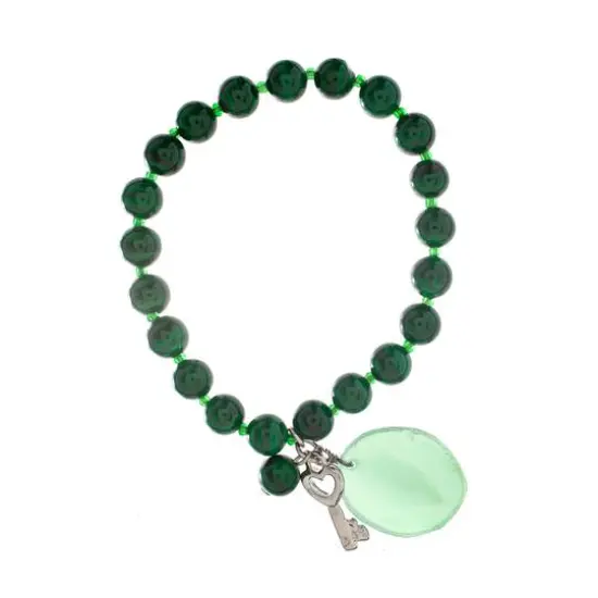 John Bead Malachite Natural Stone Stretch Bracelet with Agate & Key Charm {1}