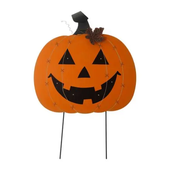 Glitzhome&reg; 30" Orange Lighted Metal Halloween Pumpkin Yard Stake {5}