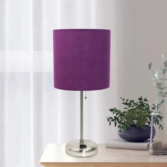 Creekwood Home Oslo 19.5" Power Outlet Table Lamp Brushed Steel Base/Purple Shade {3}