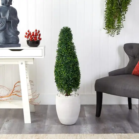 3.5ft. Boxwood Tower Topiary Tree in White Planter {4}