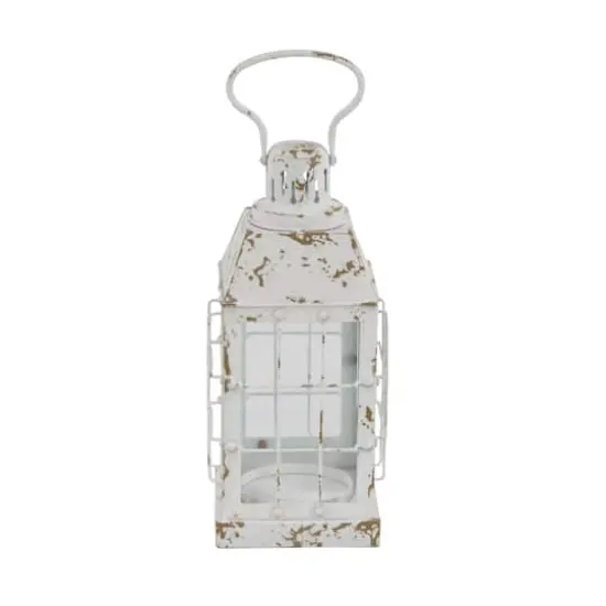 White Iron Vintage Candle Holder Lantern, 14" x 7" x 7" {3}