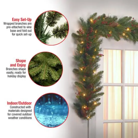 9' x 10" Pre-lit Classical Collection Artificial Christmas Garland with Red Berries, Cones, Holly Leaves and 50 Clear Lights {7}