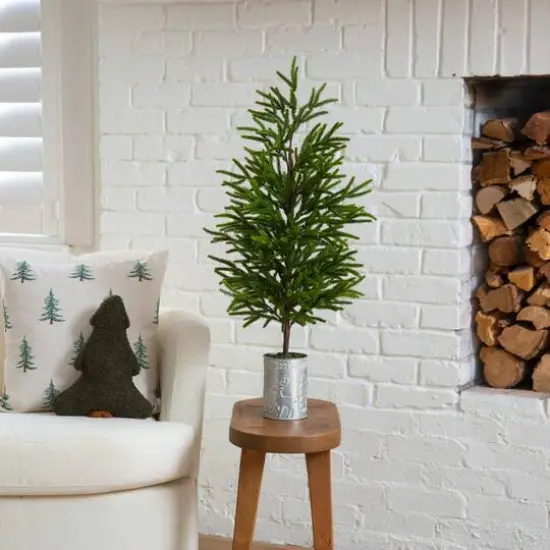 32in. Artificial Real Touch Norfolk Island Pine in Christmas Tin Metal Planter with Natural Look {8}